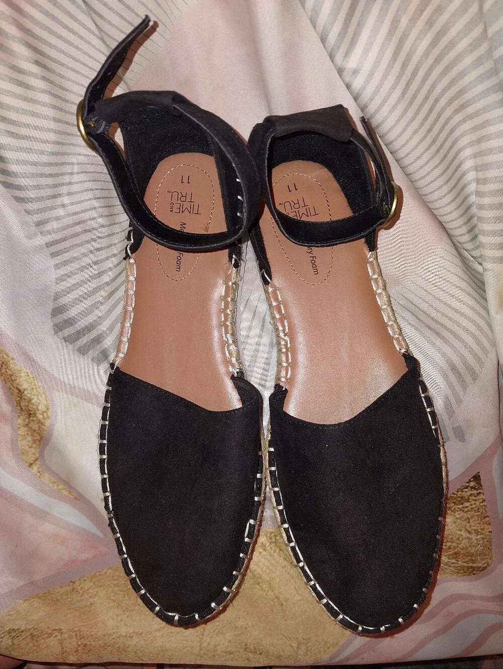 Time and Tru Black Ankle-Strap Espadrille Sandals with Gold Accent 11